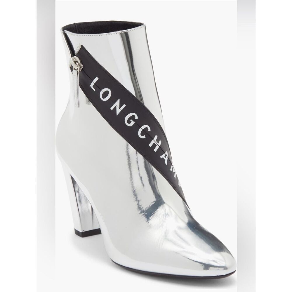 Longchamp Mirror Metallic Silver Logo Heeled Ankle Boot Designer 37